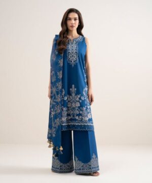 Sapphire Women’s Unstitched Slub Lawn Embroidered Teal Blue  – V677